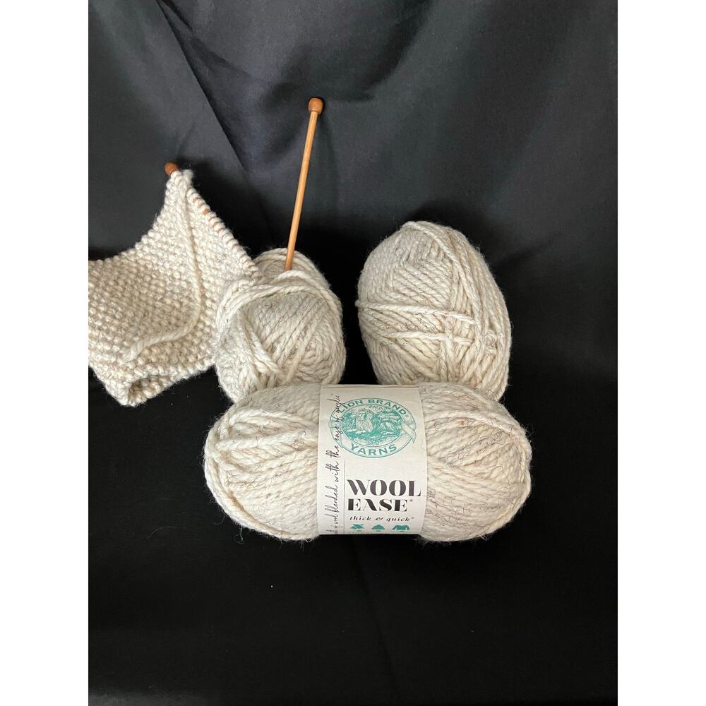 Lion Brand Wool-Ease Yarn Lot 3 Skeins Wheat Blue w/ Needles Started Project